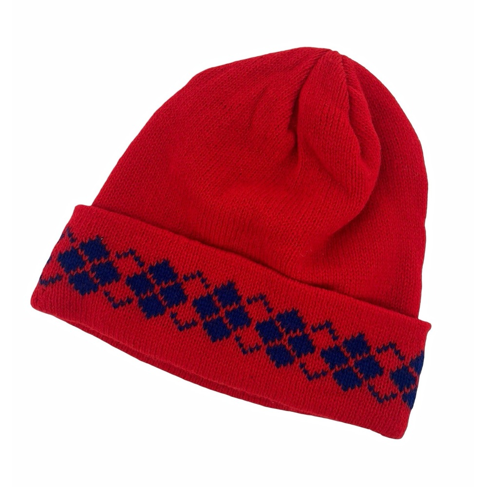 Vintage 80s Red Blue Fair Isle Knit Beanie Winter Ski Hat Acrylic Taiwan Retro